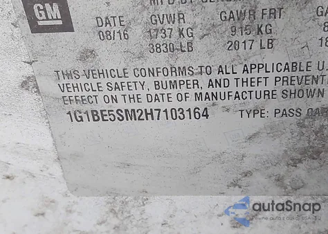 2017 Chevrolet Cruze Lt Auto z USA, uszkodzony, nr VIN 1G1BE5SM2H7103164